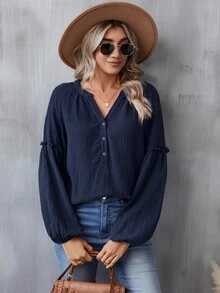 SHEIN LUNE Notched Neckline Lantern Sleeve Blouse,Casual - Navy Blue - View 6