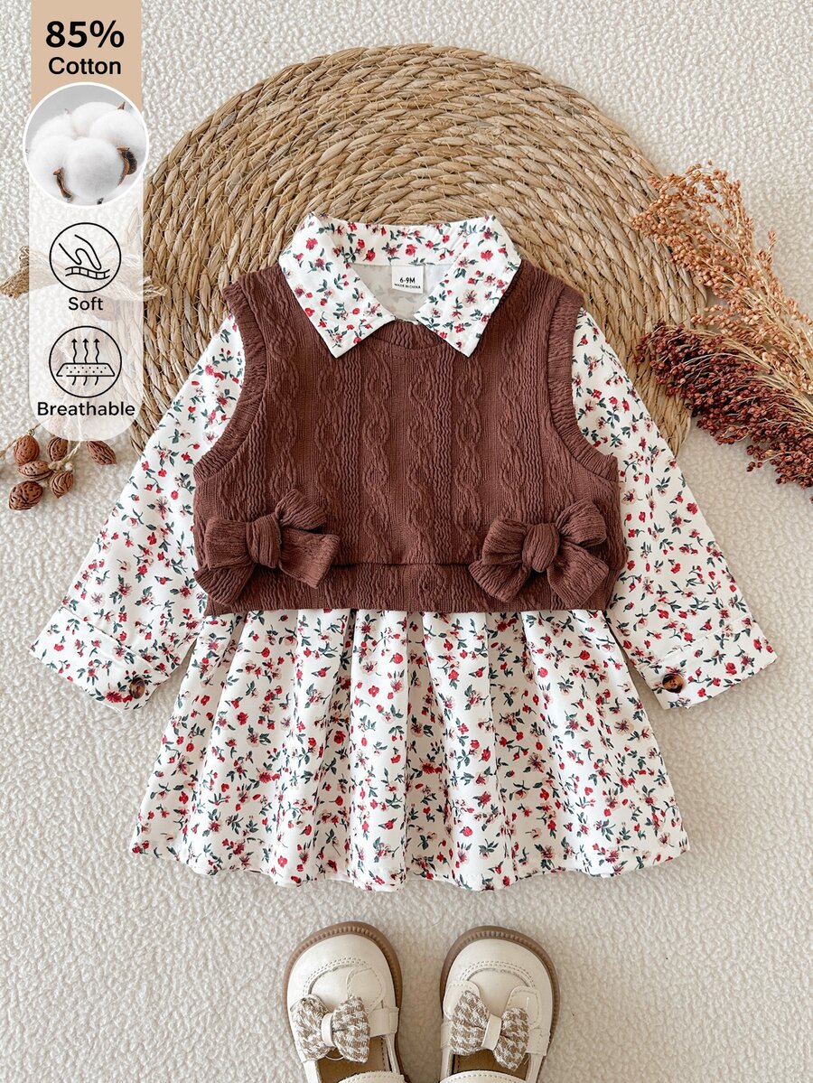 SHEIN 2pcs/Set Baby Girl Casual Spring/Autumn Floral Dress + Brown Cable Knit Vest Outfit - Multicolor - View 1