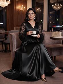 Auveirra Plus Size Women's Contrast Lace Lantern Sleeve Overlap V-Neck Elegant Dress - Black - View 4