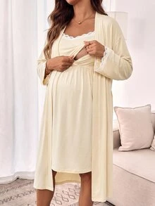 Slowluna 孕婦蕾絲飾邊細肩帶睡裙與晨袍 2 件組哺乳套裝 秋季 - 黃色 - 查看 5