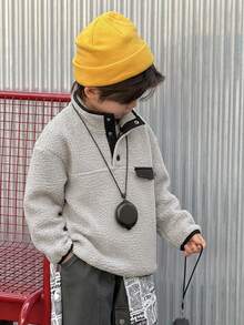 Dazy Kids Young Boys Lambswool Contrast Patchwork Casual Loose Thick Autumn/Winter Sweatshirt - Grey - View 6
