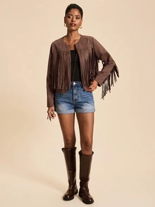 Travachic Elegant Cape With Tassel Long Sleeve Elegant Outerwear - Brown - View 3