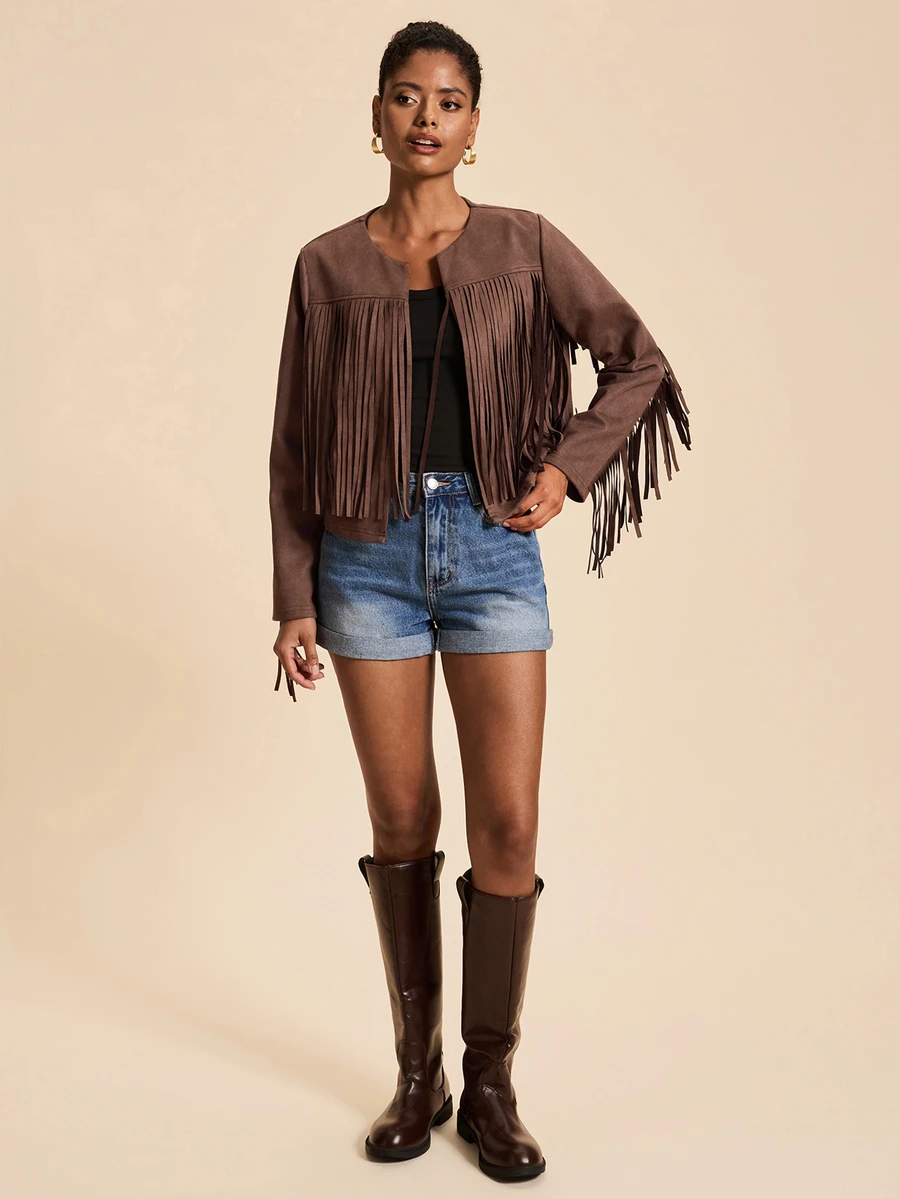 Travachic Elegant Cape With Tassel Long Sleeve Elegant Outerwear - Brown - View 1