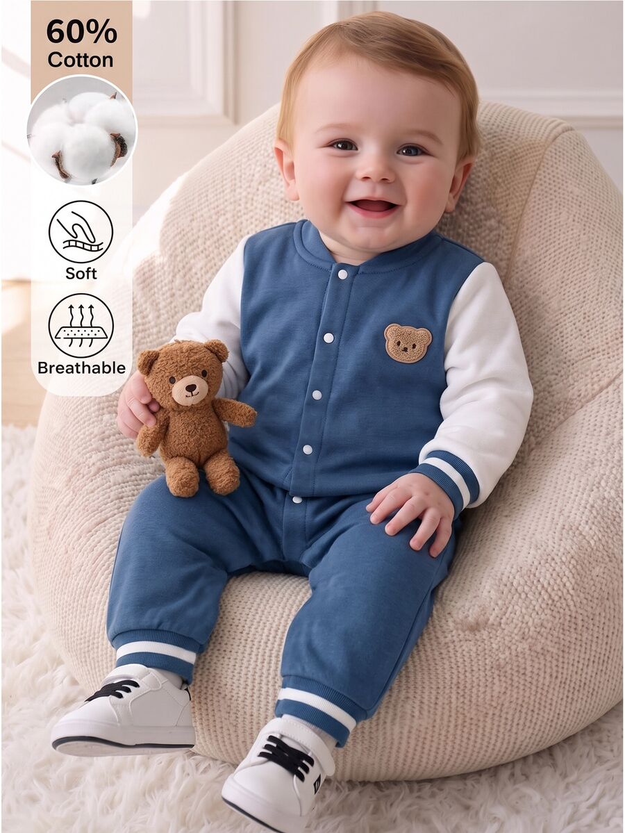 SHEIN Unisex Baby Jumpsuit, Suitable For 0-3 Years Old. Light Blue Base With Blue And White Stripes, Front Snap Button Long Sleeve Design, Easy To Put On And Take Off, Soft And Skin-Friendly, Perfect For Daily Outings.