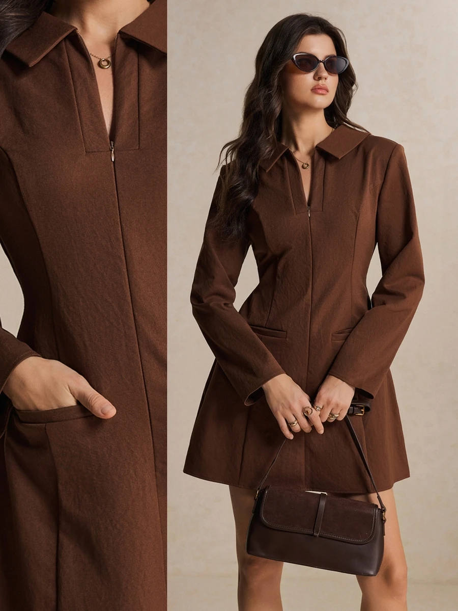 Poéselle Women's Solid Color Casual Daily Summer Short Dress - Brown - View 1