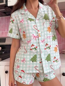 SweetSlumber Women's Christmas Gingerbread Man Bow Plaid Print Lapel Short Sleeve Shorts Pajama Set - Multicolor - View 5