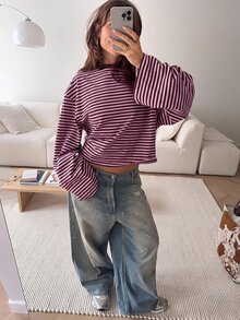 SHEIN EZwear Women's Striped Round Neck Long Sleeve Casual Loose Fit T-Shirt - Multicolor - View 5