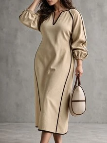 Linhara CURVE Plus Size Oatmeal Color Contrast Trim V-Neck Linen-Like Midi Dress, Raglan Puff Cuffed Long Sleeves, Crisp Black Contrast Stitching Outlining Silhouette, Solid Color Minimalist Elegant Style, Suitable For Spring Summer Autumn Commute, Short Trip Vacation, Light Business Gathering, Flattering Slimming Dress For Curvy Women - Khaki - View 3