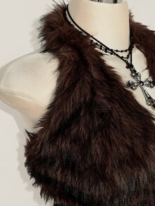 SHEIN ICON ملابس علوية كورسيه برقبة هالتر من الفرو الصناعي بتصميم باتشوورك مثيرة بأسلوب Y2K مقاس كبير - بني - مشاهدة 10