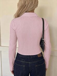 SHEIN EZwear 休閒極簡深棕色條紋長袖襯衫，淺粉色針織修身女款T恤，秋季上衣，適合日常通勤、約會、聚會，秋/冬/春/夏，聖誕節、新年、感恩節、派對、婚禮、海灘 - 彩色 - 查看 2