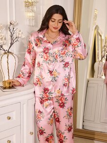 MuseNap CURVE Women's Plus Size Floral Print Faux Silk Open Front Lapel Long Sleeve Long Pants Pajama Set - Pink - View 4