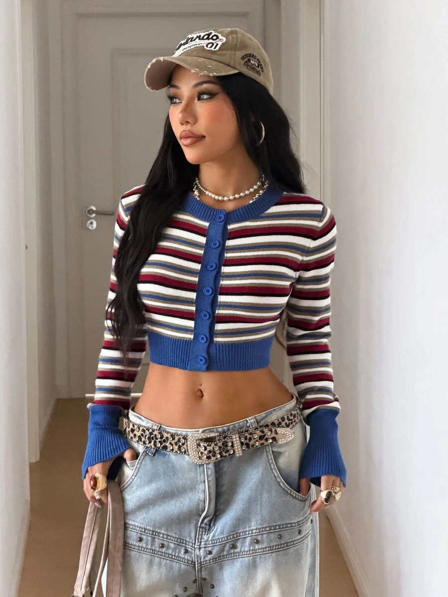 StreetHx Streetwear Women's Autumn/Winter Y2K Multi-Color Striped Cropped Slimming Versatile Long Sleeve Cardigan - Multicolor - View 1