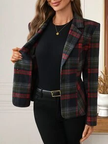 EMERY ROSE Women's Plaid Lapel Neck Long Sleeve Single Button Regular Jacket - Multicolor - View 8
