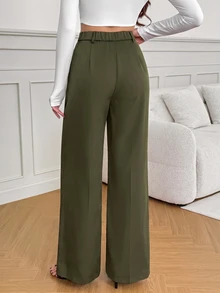 SHEIN Tall 女款黑色高腰寬腿長褲，優雅商務休閒上班西裝褲，高挑百搭純色秋冬老錢風正裝褲 - 軍綠色 - 查看 2