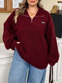 SHEIN CURVE+ 巧克力棕大尺碼女款字母印花羊羔絨衛衣，秋冬款 - 酒紅色 - 查看 10