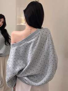 DAZY 秋冬灰色V領黑色波點印花女款運動衫 - 灰色 - 查看 6