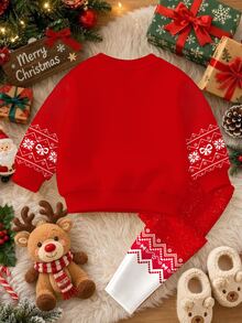 Baby Girl Cute Adorable Christmas Reindeer Pattern, Snowflake, Christmas Red, Soft Thick Round Neck Long Sleeve Sweatshirt & Leggings Set, Suitable For Autumn/Winter, New Fall Styles, Chic, Fall Sets - Multicolor - View 4