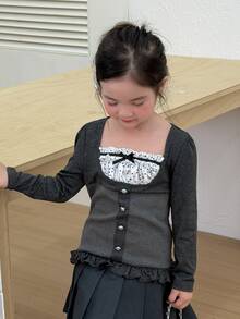 Dazy Kids (Gadis Muda) Kaos Lengan Panjang dengan Lapisan Dalam Warna Abu-abu Musim Gugur - Dark Grey - View 6