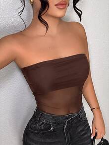SHEIN SXY 性感夜店外訪網格拼接黑色連身褲 夏季 - 棕色 - 查看 3
