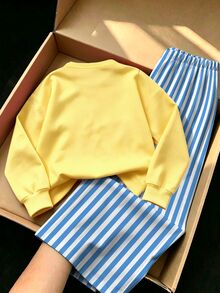 Baby Girls 2 Pcs Lemon Letter Print Crew Neck Sweatshirt & Striped Wide Leg Pants, Fall Winter Outfit - Multicolor - View 2