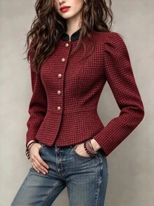 SHEIN Women Vintage Houndstooth Cropped Jacket Contrast Stand Collar Petal Sleeve Metal Button Peplum Hem Short Outerwear - Red - View 4