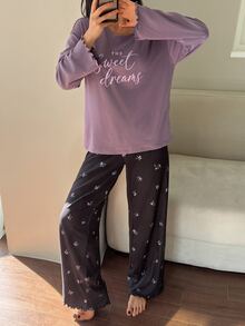 DAZY 2pcs/Set Women's Pajama Set, Loose Letter Print Long Sleeve T-Shirt & Sweet Floral Straight Leg Long Pants - Purple - View 5