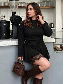Easura 2026 Autumn/Winter Women's Plus Size Semi-High Neck Long Sleeve Ruched + Lace Trim Solid Black Dress; Occasions: Daily Commute, Coffee Shop Check-In, Weekend Street Outing - Black - View 1