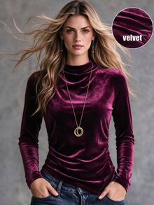 SHEIN تي شيرت نسائي بياقة عالية للخريف، مناسب للربيع والخريف، تصميم سحب علوي، متعدد الاستخدامات للطبقات والملابس الخارجية - الأرجواني - مشاهدة 1