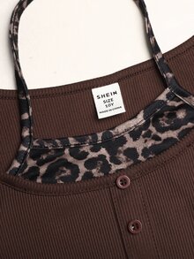 SHEIN 青少年女孩秋季棕色拼接豹紋細肩帶背心 假兩件式 Y2K 風格 休閒日常街頭風 節慶穿搭 - 咖啡棕 - 查看 6