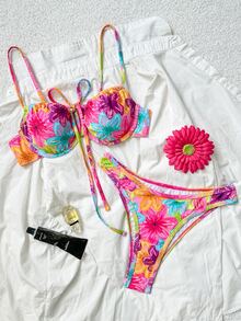 Swim Mod Bộ 2 món bikini nữ phong cách casual đi du lịch, họa tiết tôm chanh và đại dương, dây vai mảnh, đệm ngực, cài lưng, viền phối màu tương phản - Nhiều màu - Xem 5