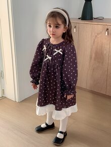 Hapijoa Young Girl) Autumn/Winter Floral Design Patchwork Bowknot Long Dress - Brown - View 3