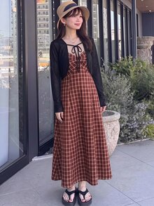 Bijouette 大尺碼女款秋季休閒復古80年代純色短版上衣與黑白格紋細肩帶洋裝2件組，約會早午餐派對秋季棕色 - 杏色 - 查看 9
