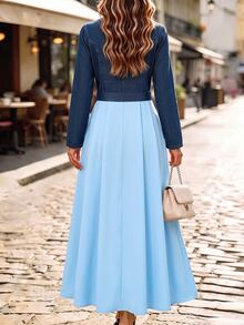 GlowEve Women's Lapel Neck Long Sleeve Color Block Casual Denim Dress - Multicolor - View 4