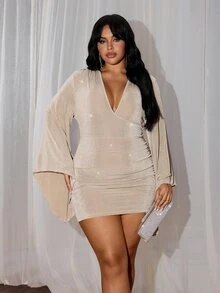 Rustia Plus Size Pure Desire Party V-Neck Criss-Cross Trumpet Sleeve Bodycon Dress Fall - Champagne - View 4