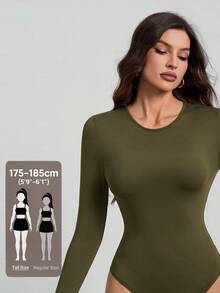 SHEIN Tall 純色長袖修身黑色連身衣，適合高個女性 - 軍綠色 - 查看 8