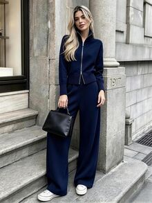 Cévolie Women's Zip-Up Long Sleeve Sweater And Loose Knit Pants Set - Blue - View 3