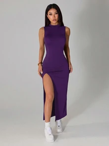 SHEIN PETITE 女士優雅性感休閒開衩洋裝，輕盈夏季女款洋裝，適合嬌小女性夜生活外出穿著，純黑色 - 紫色 - 查看 4