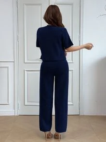 Feyla V-Neck Floral Gold Button Short Sleeve Knit Cardigan And High Waist Casual Pants 2 Pieces Set - Navy Blue - View 5