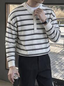Manfinity Hypemode 男士條紋半開襟鈕扣長袖休閒毛衣 - 彩色 - 查看 3