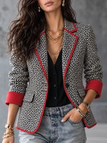 LUMIGAL Vintage Leopard Animal Print Contrast Trim Commuter Fashion Versatile Elegant Women's Blazer Jacket - Multicolor - View 1