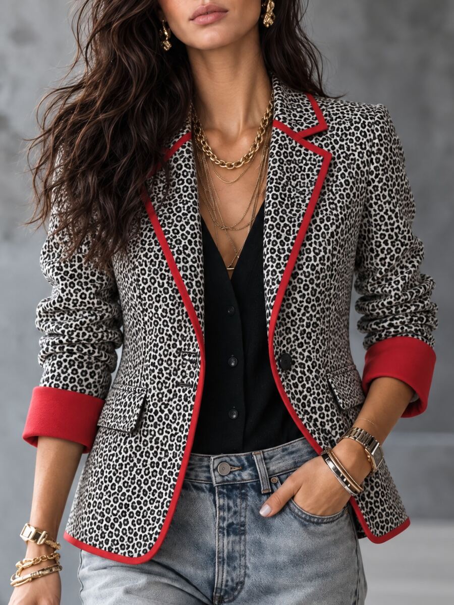 LUMIGAL Vintage Leopard Animal Print Contrast Trim Commuter Fashion Versatile Elegant Women's Blazer Jacket - Multicolor - View 1