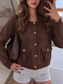 FavEase Women's Autumn/Winter Casual Loose Knit Cardigan With Pockets And Gold Button Decor - Brown - View 3