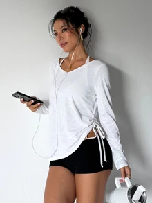 StreetHx Stage Dance Costume Drawstring Tie Long Sleeve Top - White - View 5