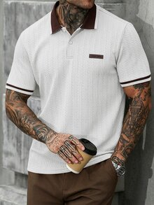 Manfinity CasualCool 男士字母印花短袖 Polo 衫，米色，夏季，休閒時尚，度假，復古老錢風休閒通勤棕色上衣，適合日常休閒辦公 - 白色 - 查看 5
