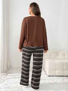 Shapeblank 女款大尺碼秋冬兩件套：時尚休閒寬鬆彈性舒適棕色上衣搭配條紋長褲，秋季穿搭 - 棕色 - 查看 3