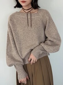 FRIFUL Women's Solid Color Asymmetric Collar Batwing Long Sleeve Loose Sweater - Khaki - View 7