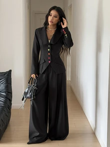StreetHx Women's Single-Breasted Long Sleeve Jacket And Pants Casual Commute Suit Set - Black - View 3