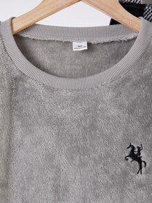 SHEIN 秋冬季青少年男孩極簡日式風格法蘭絨睡衣套裝，加厚抓絨長袖上衣與長褲2件套，圓領拼接格紋口袋設計，寬鬆版型，適合居家休閒與睡衣穿著 - 灰色 - 查看 6