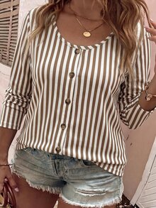 Selamara New Plus Size Women's Fashion Casual Versatile Round Neck Button-Down Striped Long Sleeve Shirt T-Shirt - Multicolor - View 4