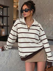 Cévolie Women's Loose Striped Half-Zip Stand Collar Drop Shoulder Sweatshirt, Casual Loose Minimalist Versatile, Suitable For Daily Wear - Apricot - View 1